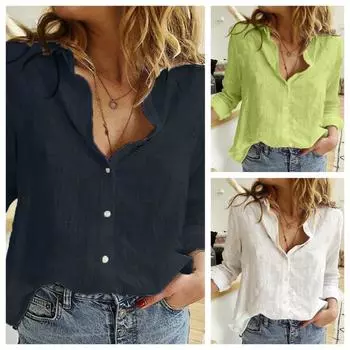 Весна/Лето Однотонная Элегантная Повседневная Свободная Льняная Рубашка С Длинным Рукавом Офисная Рубашка Рубашки и Блузки Майки Женская Рубашка S небесно-голубой