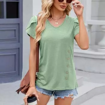 Весна-лето однотонная свободная футболка с V-образным вырезом и короткими рукавами для женщин Футболки женские S темно-синий