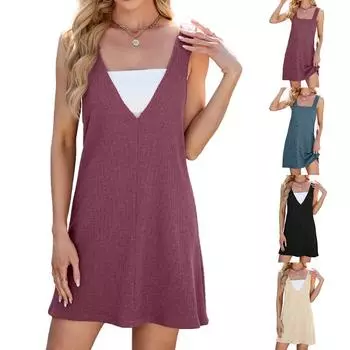 Весна-лето Однотонное платье с V-образным вырезом, квадратным вырезом, свободным вырезом спереди и сзади, повседневные платья S чёрный