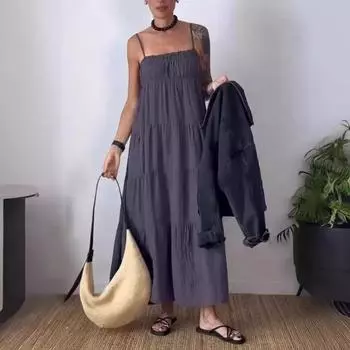 Весна-лето, однотонное повседневное платье с плиссировкой и подтяжками на груди для женщин S красный