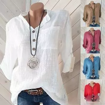 Весна-лето Однотонные блузки и рубашки с V-образным вырезом и карманами для женщин, топ разных цветов и размеров S белый