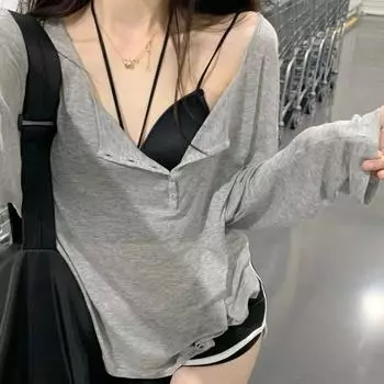 Весна Лето однотонные футболки с длинным рукавом женские повседневные свободные тонкие слегка прозрачные солнцезащитные чехлы с V-образным вырезом S