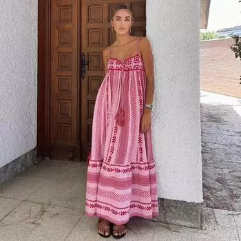 Весна, лето, осень, модное сексуальное длинное платье на шнуровке с кисточками, вязаное крючком, трикотажное платье миди, повседневное женское платье L розовый