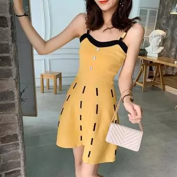 Весна, лето, осень, новый темперамент, контрастные цвета в стиле ретро, облегающая талия, закрытая юбка на подтяжках, трикотажное платье трапециевидной формы средней длины 0nesize жёлтый