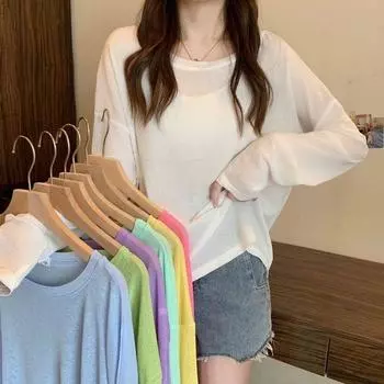 Весна, лето, осень, тонкие сексуальные женские топы, блузка, пуловер с v-образным вырезом, однотонные корейские свободные солнцезащитные кремы, новая женская одежда One size жёлтый