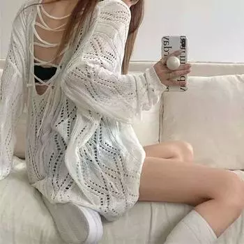 Весна, лето, осень, тонкие сексуальные женские топы, блузка, пуловер с v-образным вырезом, однотонные корейские свободные солнцезащитные кремы, новая женская одежда One Size чёрный