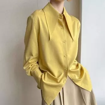 Весна, лето, осень, винтажная женская рубашка с отложным воротником, женская свободная блузка, белые рубашки с длинными рукавами, офисные женские топы, шикарные топы S жёлтый