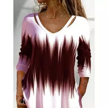 Весна-лето Персонализированная футболка с длинными рукавами и V-образным вырезом в стиле тай-дай с градиентом цвета Женская футболка S чёрный