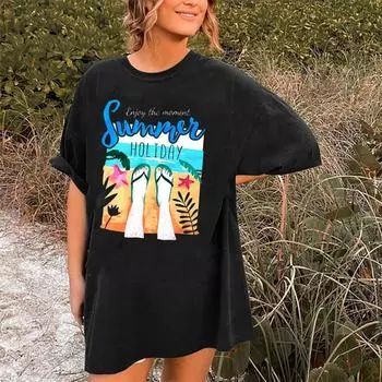 Весна Лето Письмо Пляж Вид На Море Узор Печатный Женские Свободные Повседневные Круглый вырез Чистый Хлопок Короткие Рукава Футболки Женские S чёрный