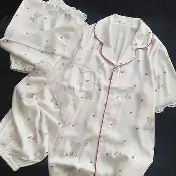 «Весна/Лето Пижамный комплект с кружевным принтом «Медведь»: Женская домашняя одежда из трех предметов с коротким рукавом L (for 100-120 lbs)