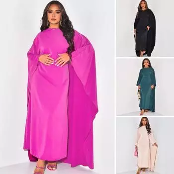 Весна-лето платье макси Свободные полные рукава «летучая мышь» Длинный халат длиной до пола с круглым вырезом Сплошной цвет Ближний Восток Традиционная одежда Женское платье Халат XL