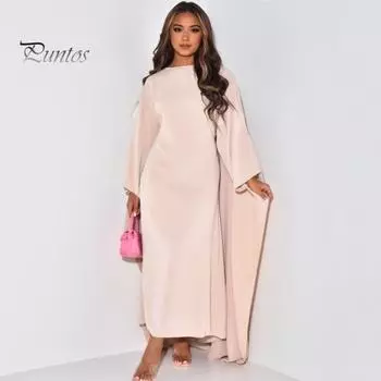 Весна-лето платье макси Свободные полные рукава «летучая мышь» Длинный халат длиной до пола с круглым вырезом Сплошной цвет Ближний Восток Традиционная одежда Женское платье Халат M чёрный