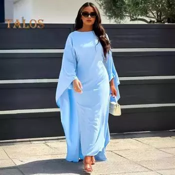 Весна-лето платье макси Свободные полные рукава «летучая мышь» Длинный халат длиной до пола с круглым вырезом Сплошной цвет Ближний Восток Традиционная одежда Женское платье Халат M чёрный