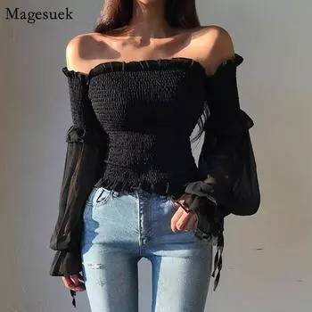 Весна-лето, плиссированная однотонная блузка, женские топы с пышными рукавами и открытыми плечами, сексуальный корсетный топ, блузки на шнуровке, повседневная рубашка 12813 OneSize чёрный