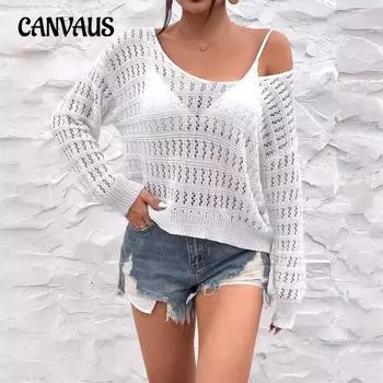 Весна Лето Пляж Женский вязаный крючком ажурный без бретелек большой круглый вырез длинный рукав свитер вязаные топы накидка S белый