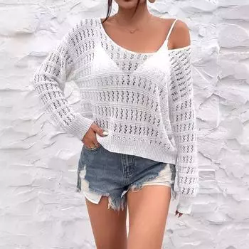 Весна Лето Пляж Женский вязаный крючком ажурный без бретелек большой круглый вырез длинный рукав свитер вязаные топы накидка S белый