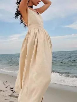 Весна Лето Пляжный Стиль Женское Платье Винтаж Свободное Платье А-силуэта На Ремне Сексуальное Платье Для Горячей Девочки V-образный Вырез Модное Элегантное Летнее Платье S хаки