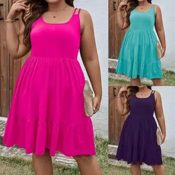 Весна Лето Плюс Размер Женская Одежда Свободные Однотонные Без Рукавов Средней Длины Повседневные Платья XL мерцание