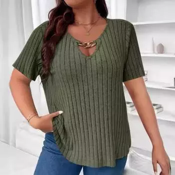 Весна Лето Плюс Размер Женский Элегантный Топ V-образный вырез Pit Stripe Короткие рукава Пуловер Футболки Женские XL синий