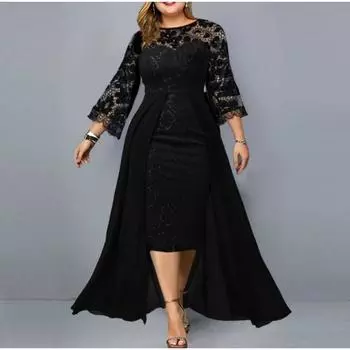 Весна Лето Плюс Размер Женское Платье Лоскутное Вышитое Кружево Тонкий Коктейльное Платье Повседневные Платья L чёрный