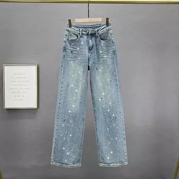 Весна-лето, подвеска, дизайн, высокая талия, выбеленные джинсы, женские свободные, утягивающие и подходящие ко всему прямые брюки S синий
