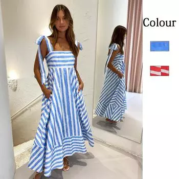 Весна Лето Полосатый Принт Свежие Милые Модные Платья На Шнуровке Повседневные Платья S красный