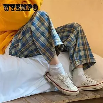 Весна-лето последние корейские свободные студенческие тонкие брюки в клетку с высокой талией, широкие брюки, повседневные прямые брюки, уличная одежда XXL оранжевый