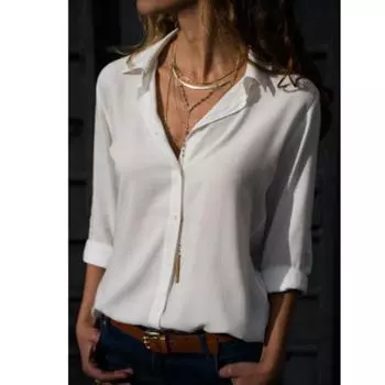 Весна-лето Повседневная рубашка с длинным рукавом и V-образным вырезом Женская элегантная однотонная шифоновая блузка Свободная рубашка Офисные женские туники Большие топы 8XL белый
