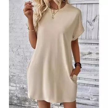 Весна/лето Повседневное европейское и американское однотонное платье с круглым вырезом, рукавами «летучая мышь» и невидимыми карманами XXL чёрный