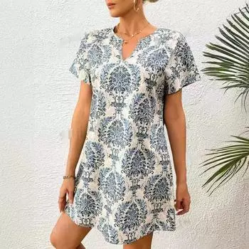 Весна/лето Повседневное платье с принтом и V-образным вырезом, рукав «летучая мышь» и воротником-стойкой S чёрный