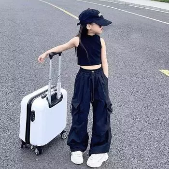 Весна-лето Повседневные брюки-карго для девочек Детские однотонные спортивные штаны Детские винтажные уличные брюки в стиле хип-хоп Мешковатые брюки с эластичной резинкой на талии 170cm чёрный