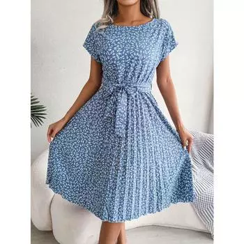 Весна-лето Повседневные короткие рукава Цветочные плиссированные женские повседневные платья S зелёный