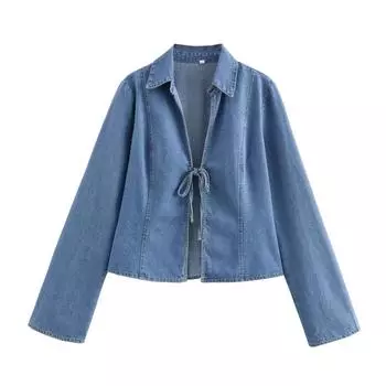 Весна Лето Повседневные женские джинсовые рубашки Модная уличная одежда BOWtie Solid Отложной воротник Шикарные рубашки с открытой строчкой XS