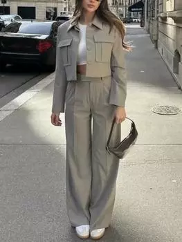 Весна Лето Повседневные Женские Однотонные Костюмы Модная Уличная Одежда Карманы Отложной Воротник Короткие Куртки + Шикарные Широкие Брюки S зелёный