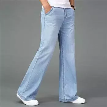Весна Лето Приталенные Мужские Брюки Свободного Прямого Кроя Брюки Клеш Широкие Джинсы Повседневные 40