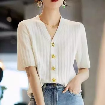 Весна-лето Пуговица Вертикальная Полосатый Свитер Ice Silk Тонкий V-образный вырез Короткие рукава Трикотажный Кардиган для Женщин one size белый