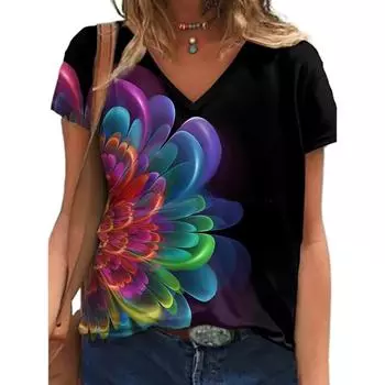 Весна-лето Пуловер с абстрактным ретро-принтом Уличный короткий рукав Разноцветная свободная футболка с V-образным вырезом S