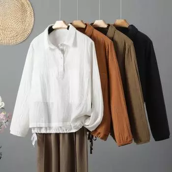 Весна Лето Ретро Свободный Однотонный Пуловер Рубашка С Длинными Рукавами Женская Рубашка Топ XXL белый