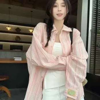 Весна Лето Розовая Полосатая Рубашка Женская Свободная Длинная Рукава Блузка На Пуговицах Женская Дикая Уличная Повседневная Рубашка XS синий
