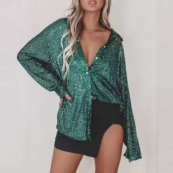 Весна-лето рубашка с лацканами, длинный рукав, однобортная рубашка, топы, украшенные сверкающими пайетками S шампанского