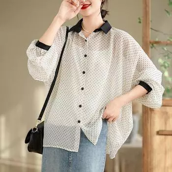 Весна Лето Рубашка Женская Белая Шифоновая Блузка Рукав Летучая Мышь Горошек Модные Топы Футболки Свободные Футболки Новые M белый