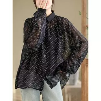Весна Лето Рубашка Женская Белая Шифоновая Блузка Рукав Летучая Мышь Горошек Модные Топы Футболки Свободные Футболки Новые M белый