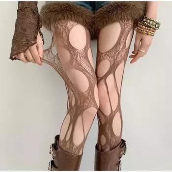 Весна Лето Рваные Чулки в сеточку с принтом личности Высокая эластичность Ретро узор Панк Спайс Чулки коричневый
