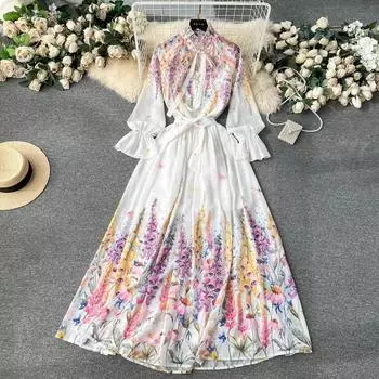 Весна-лето с цветочным принтом, шифоновый праздничный пляжный комплект из двух предметов, женская рубашка с воротником-бабочкой и расклешенными рукавами, топ + пояс на шнуровке, костюм с макси-юбкой S чёрный