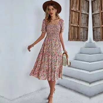 Весна-лето с длинным принтом, женские повседневные богемные платья с короткими рукавами и высокой талией, цветочные платья для дам для отдыха S чёрный