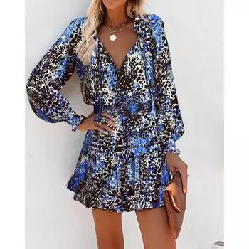 Весна-лето с длинными рукавами и V-образным вырезом, модное принтованное платье с застежкой на талии для женщин S красный