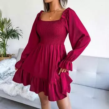 Весна-лето с квадратным вырезом, расклешенным длинным рукавом и рюшами, однотонное универсальное платье трапециевидной формы, S-XL S чёрный