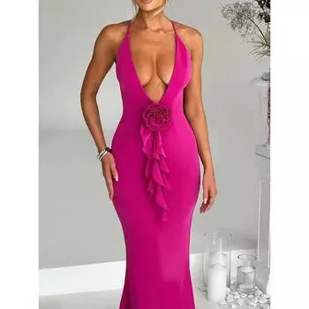 Весна-лето с открытой спиной и молнией Сексуальное облегающее макси-платье с оборками без рукавов Длинное платье для курортного клуба S