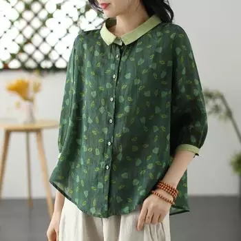 Весна-лето с принтом, легкая, дышащая, художественная, свободная, хлопковая, льняная блузка, рукав семь четвертей, круглый воротник, рубашка, топ для женщин M хаки
