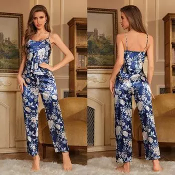 Весна/лето Шелковые домашние штаны-халтер из двух частей Модная легкая пижама для женщин S